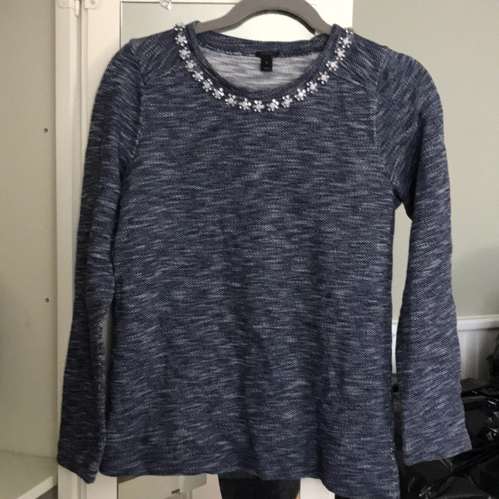 J Crew Navy Marled cotton sweater with jewels